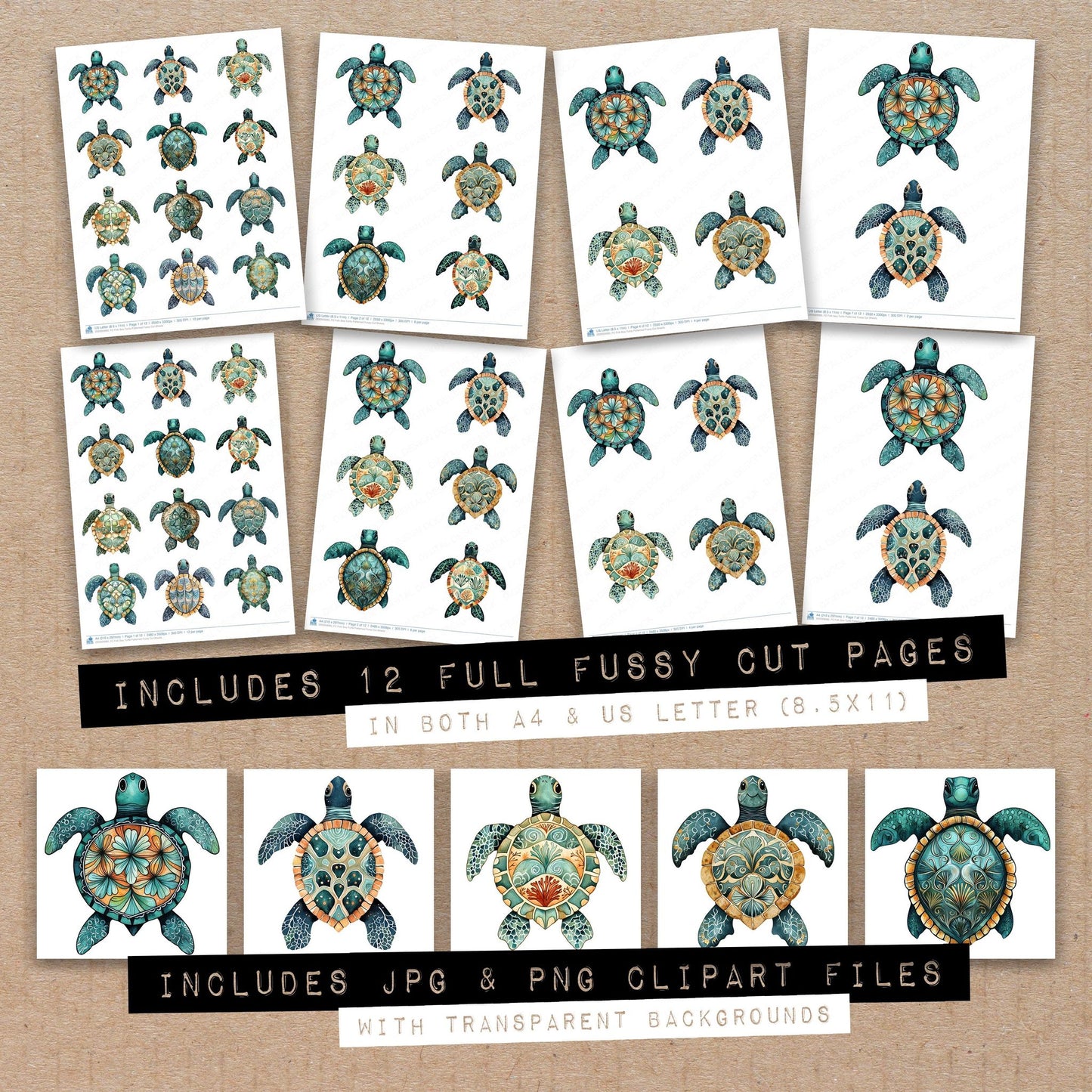 Full collection view of Folk Sea Turtle Patterned fussy cut sheets with bonus clipart JPG and PNG files