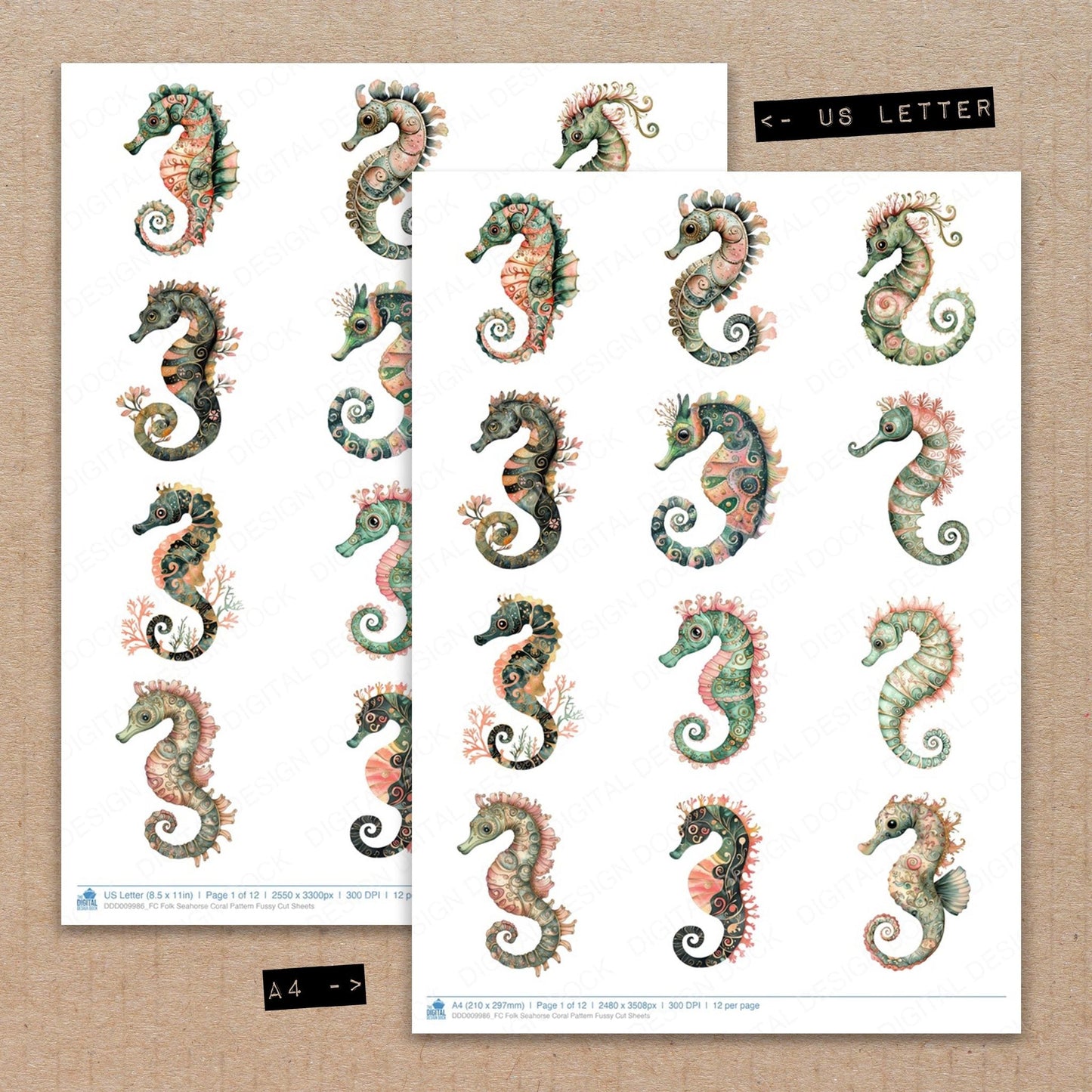 Folk Seahorse Coral Pattern Fussy Cut Sheets (DDD009986)
