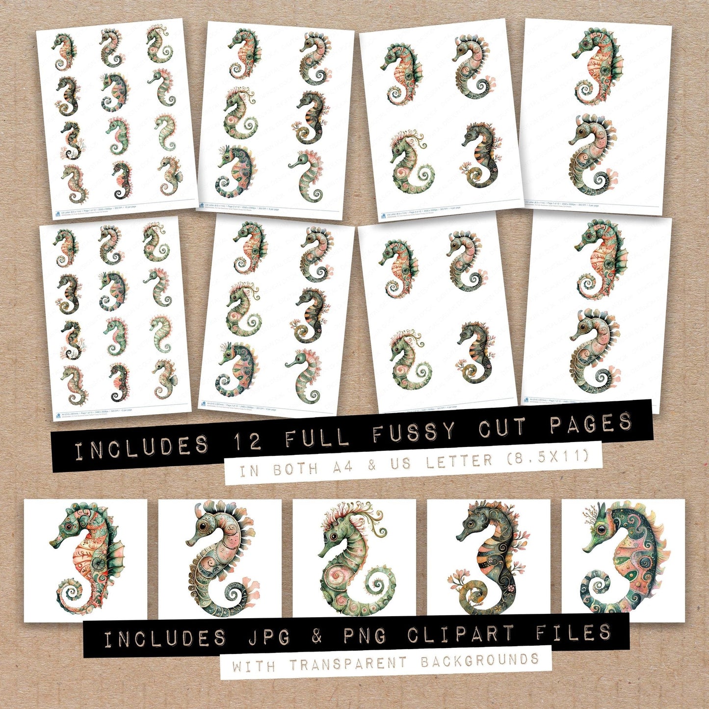 Folk Seahorse Coral Pattern Fussy Cut Sheets (DDD009986)