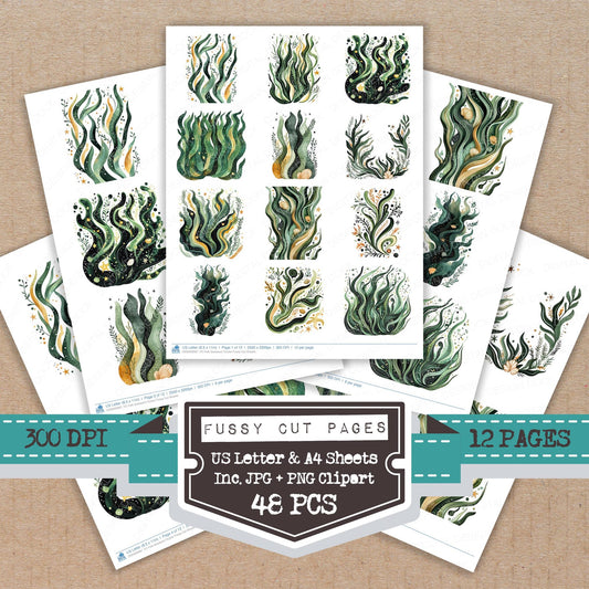 Folk Seaweed Cluster fussy cut printable sheets for junk journaling, scrapbooking, and paper craft projects