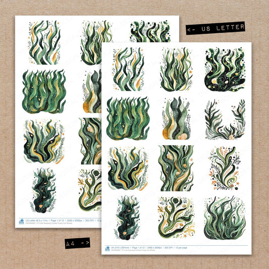 A4 and US Letter format comparison showing Folk Seaweed Cluster fussy cut pages for print and cut crafting
