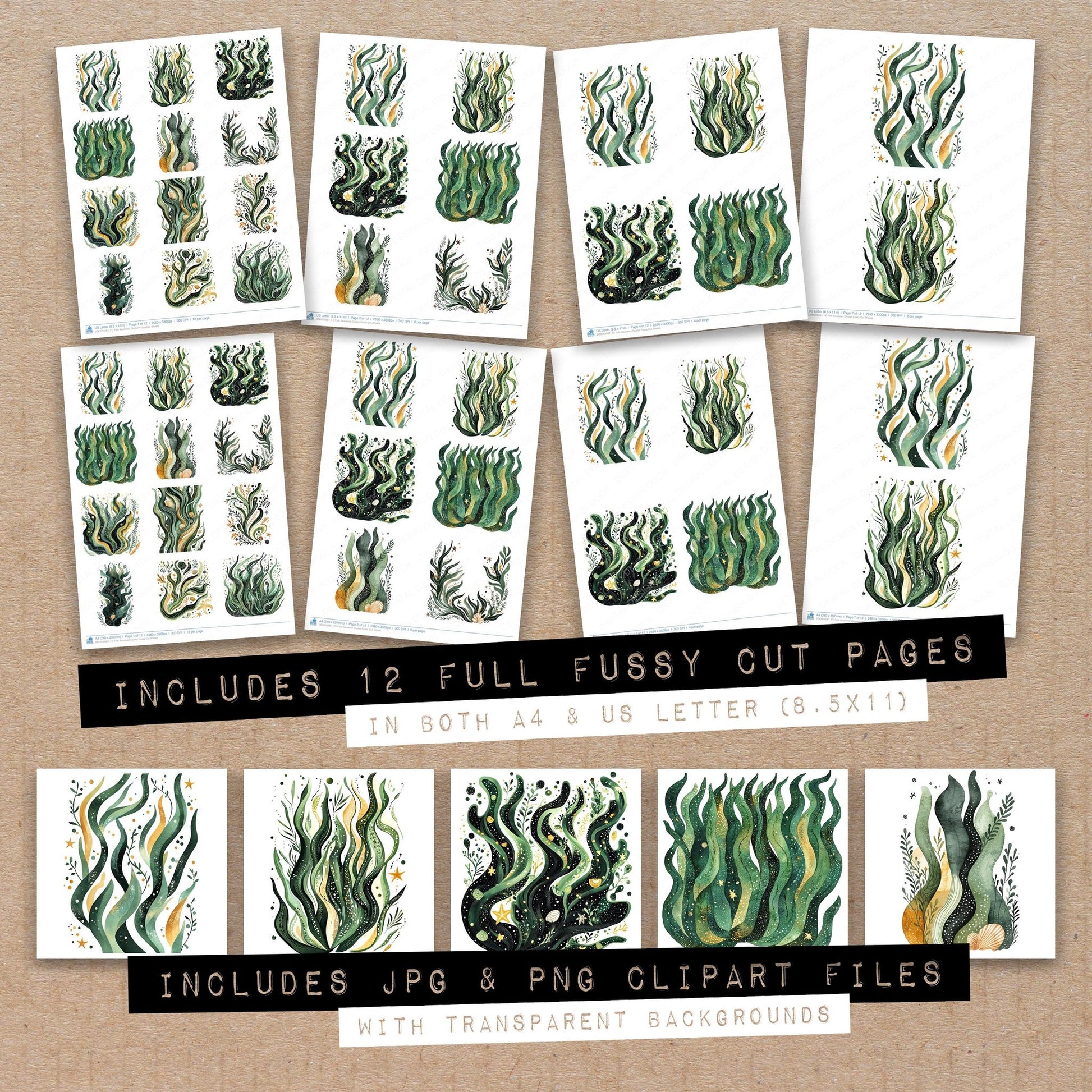 Full collection view of Folk Seaweed Cluster fussy cut sheets with bonus clipart JPG and PNG files