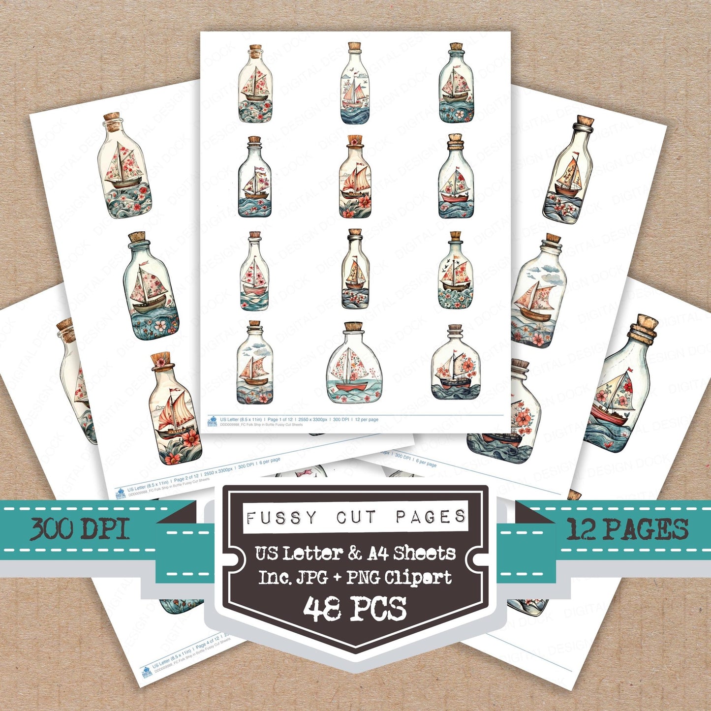 Folk Ship in Bottle fussy cut printable sheets for junk journaling, scrapbooking, and paper craft projects
