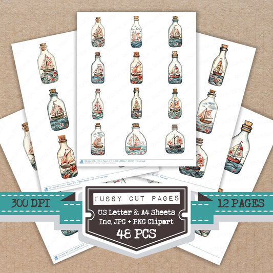Folk Ship in Bottle fussy cut printable sheets for junk journaling, scrapbooking, and paper craft projects