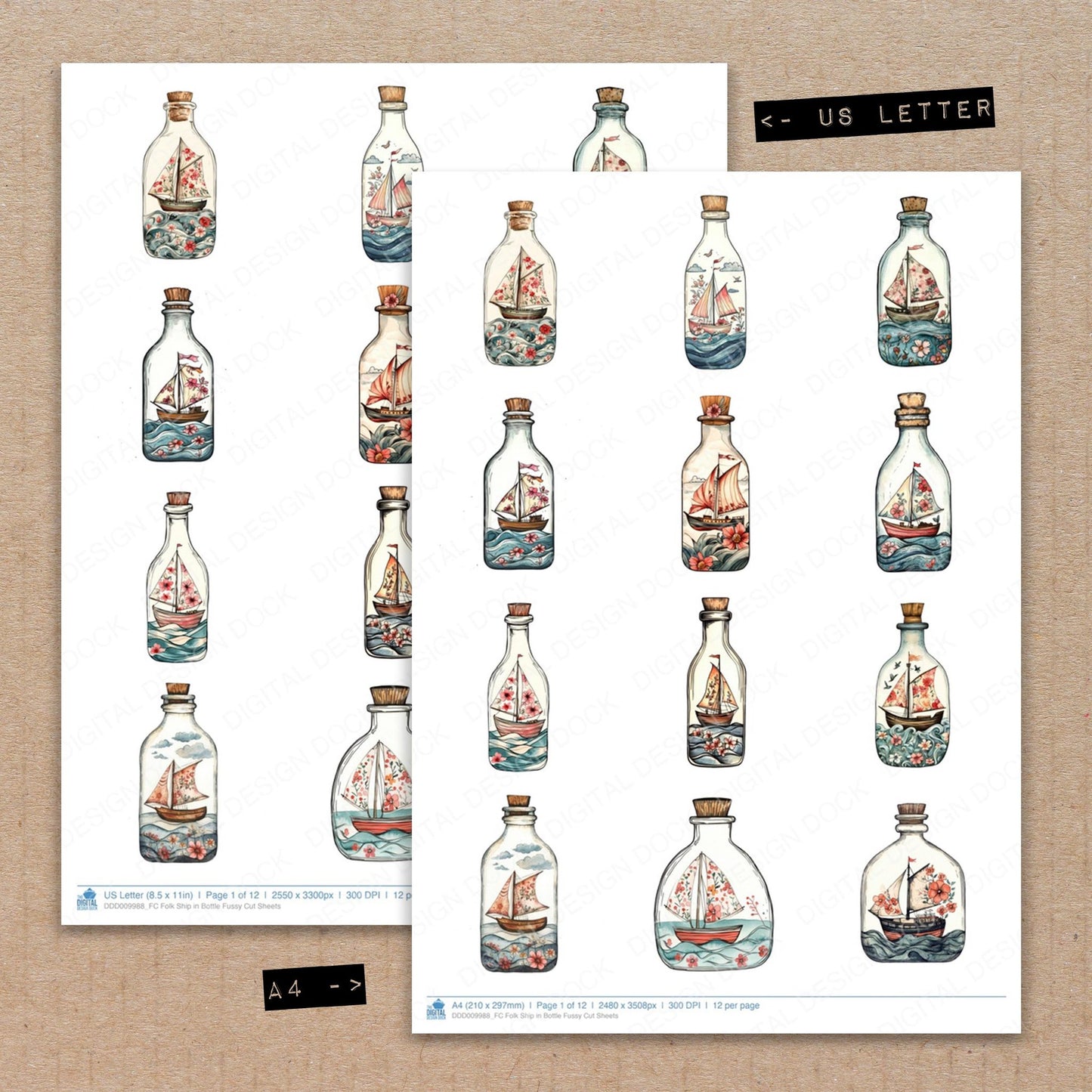 A4 and US Letter format comparison showing Folk Ship in Bottle fussy cut pages for print and cut crafting