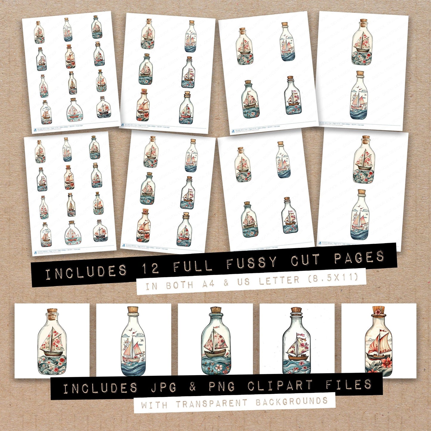 Full collection view of Folk Ship in Bottle fussy cut sheets with bonus clipart JPG and PNG files