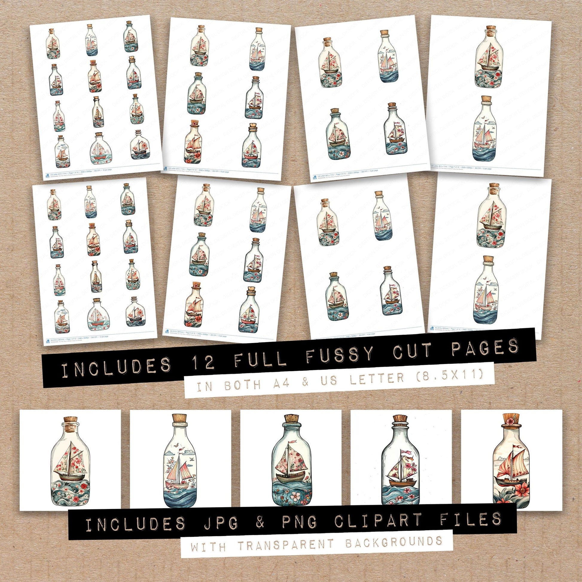 Full collection view of Folk Ship in Bottle fussy cut sheets with bonus clipart JPG and PNG files