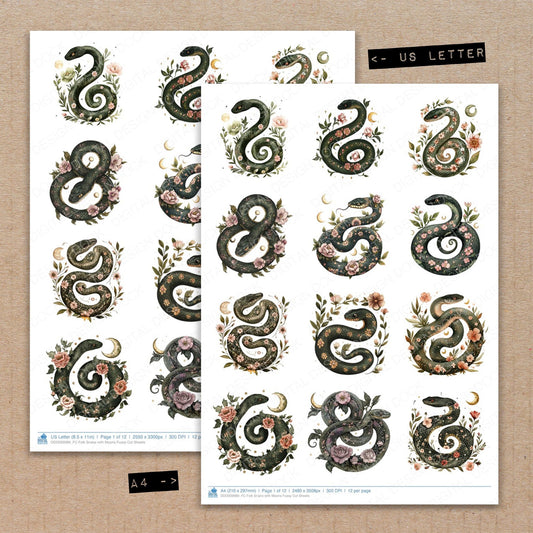 A4 and US Letter format comparison showing Folk Snake with Moons fussy cut pages for print and cut crafting