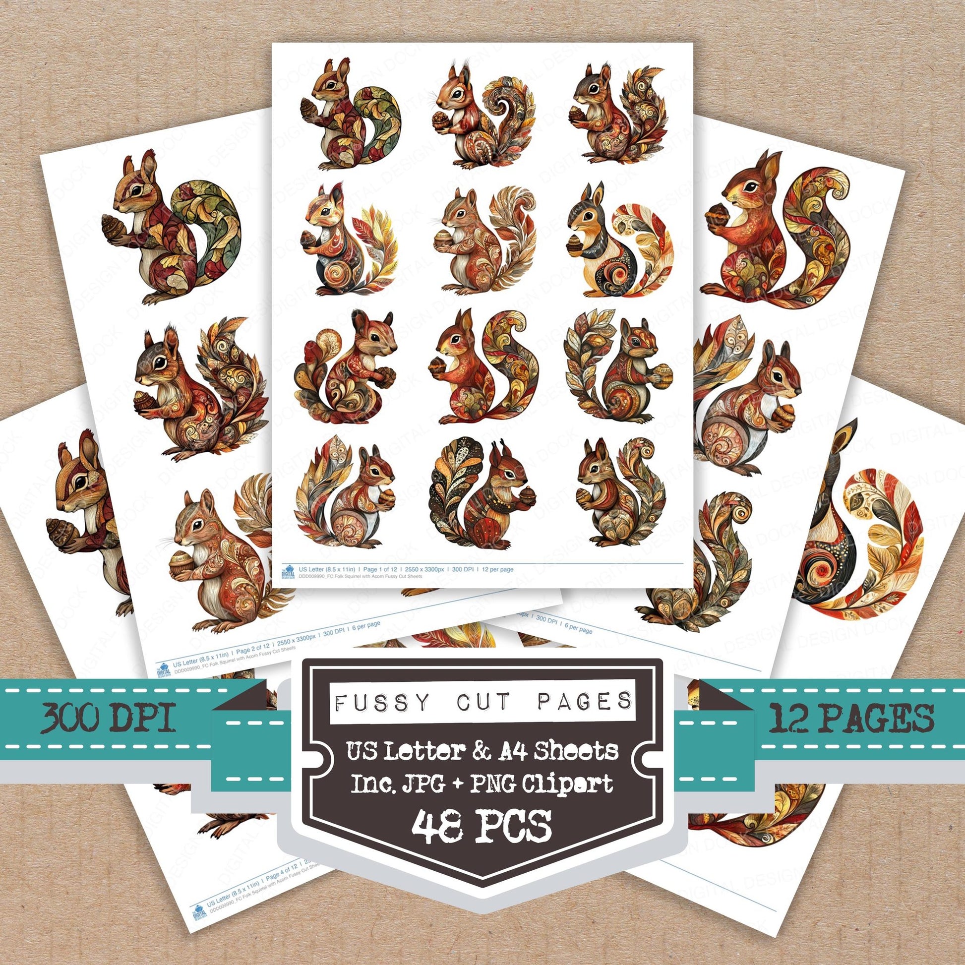 Folk Squirrel with Acorn fussy cut printable sheets for junk journaling, scrapbooking, and paper craft projects