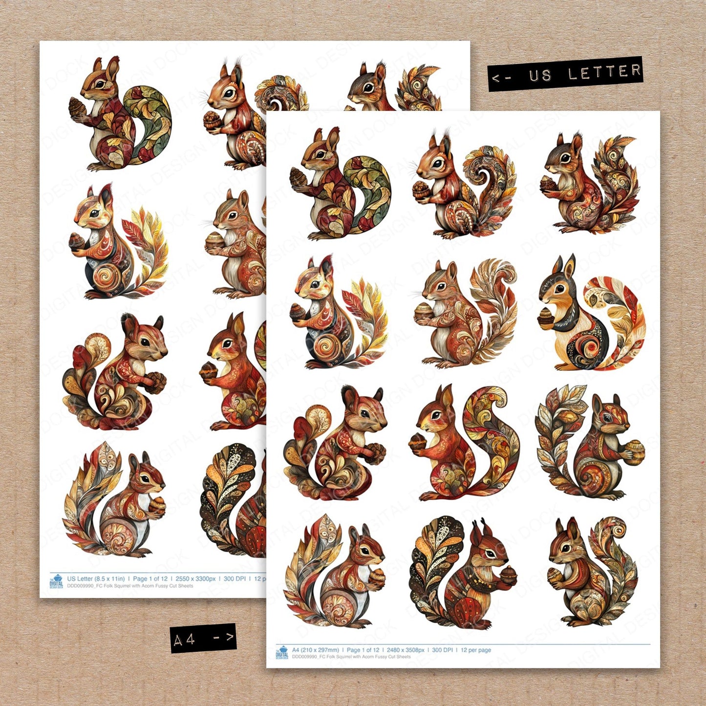 A4 and US Letter format comparison showing Folk Squirrel with Acorn fussy cut pages for print and cut crafting