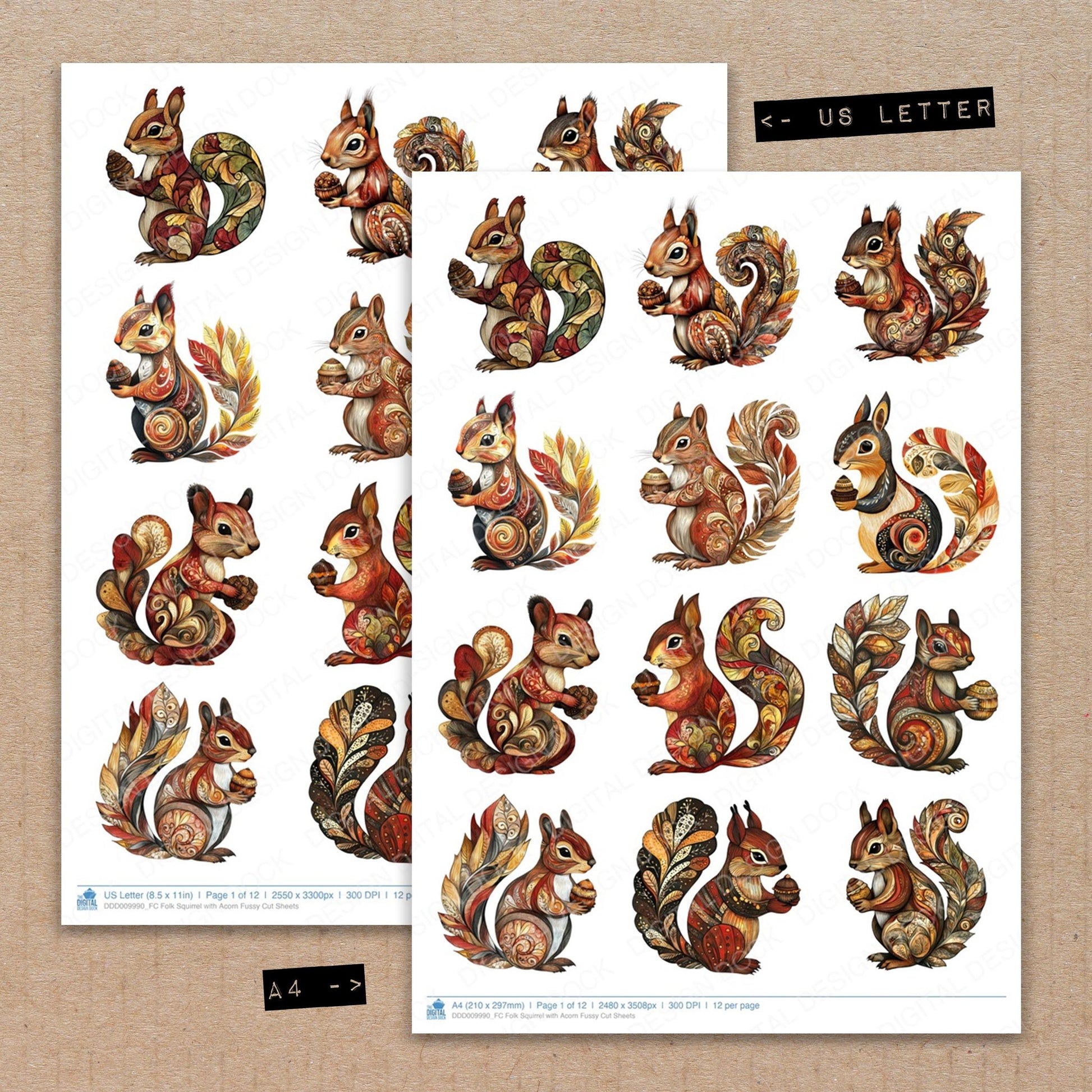A4 and US Letter format comparison showing Folk Squirrel with Acorn fussy cut pages for print and cut crafting