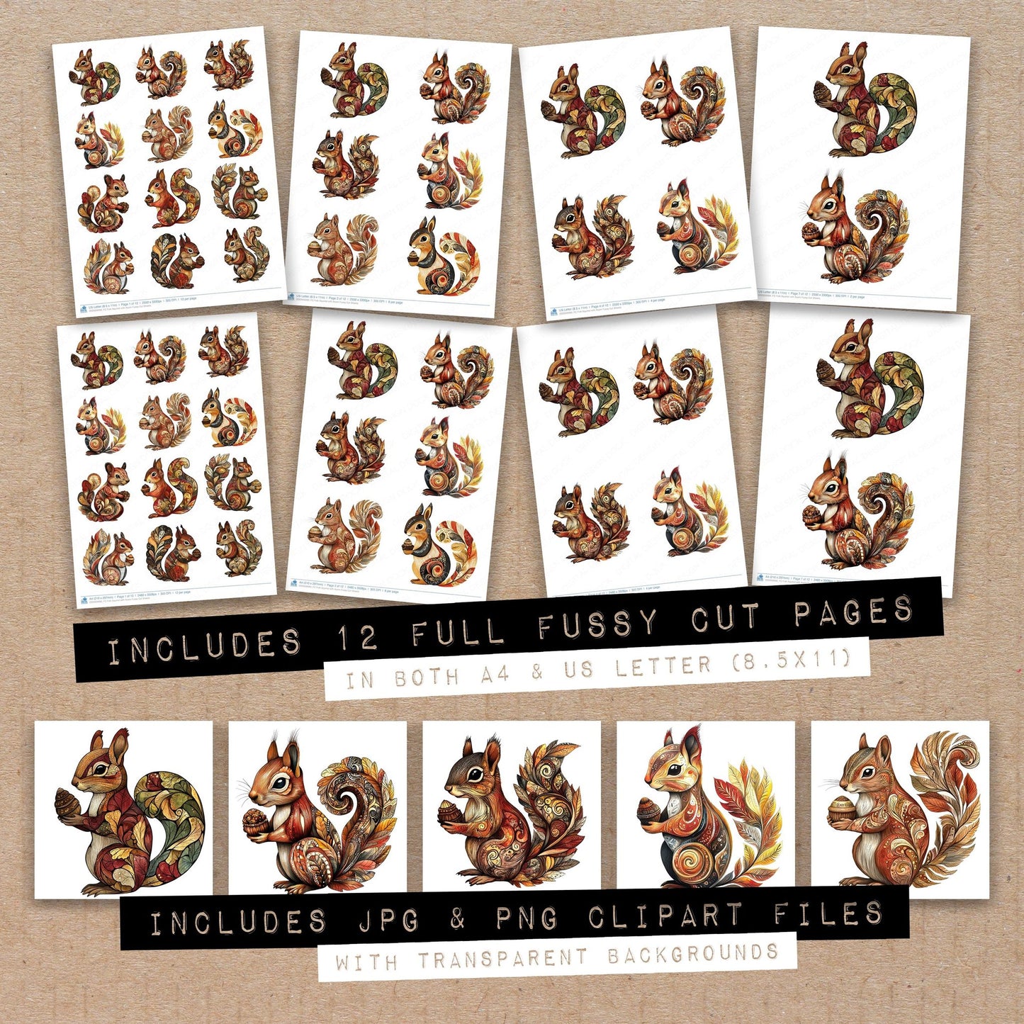 Full collection view of Folk Squirrel with Acorn fussy cut sheets with bonus clipart JPG and PNG files