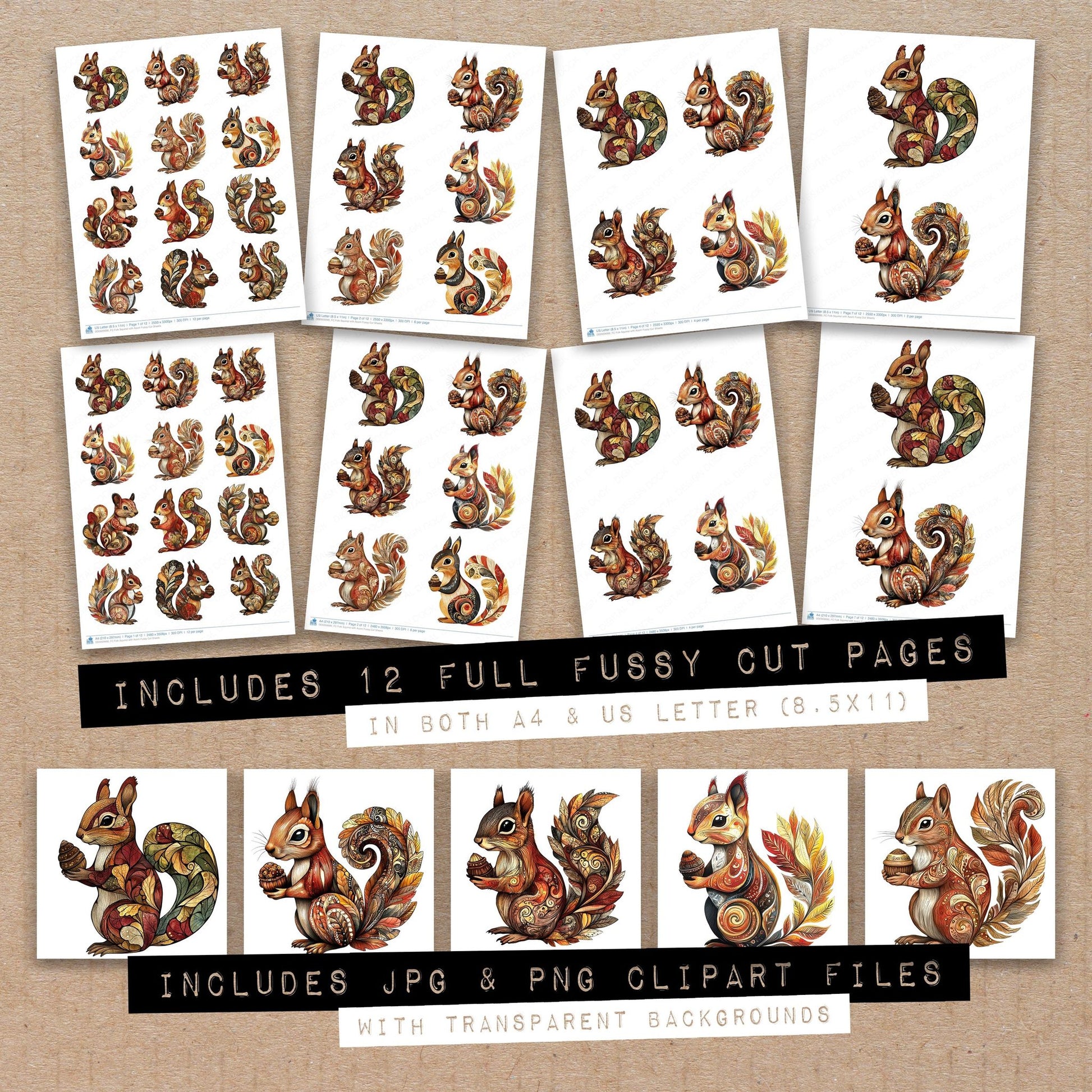 Full collection view of Folk Squirrel with Acorn fussy cut sheets with bonus clipart JPG and PNG files