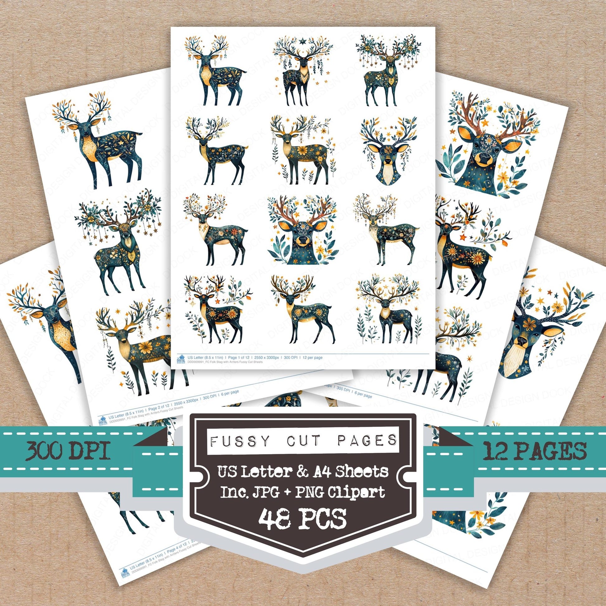 Folk Stag with Antlers fussy cut printable sheets for junk journaling, scrapbooking, and paper craft projects