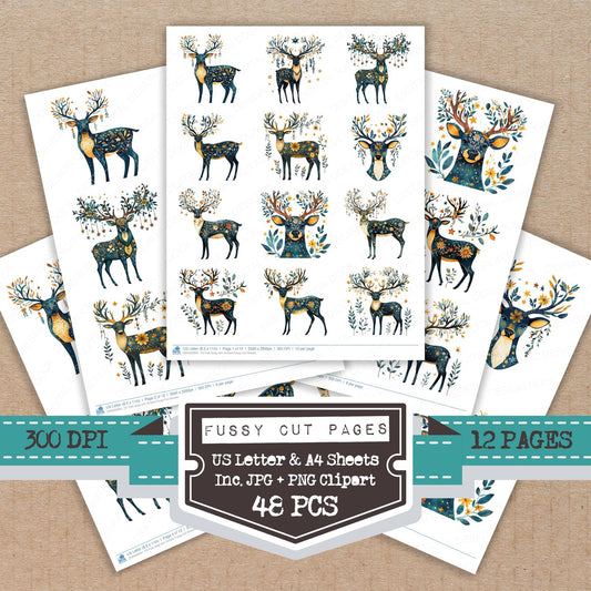 Folk Stag with Antlers fussy cut printable sheets for junk journaling, scrapbooking, and paper craft projects