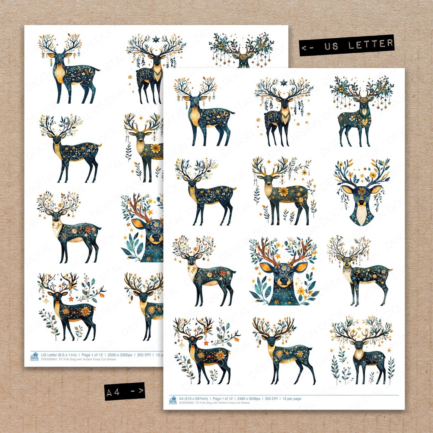 A4 and US Letter format comparison showing Folk Stag with Antlers fussy cut pages for print and cut crafting