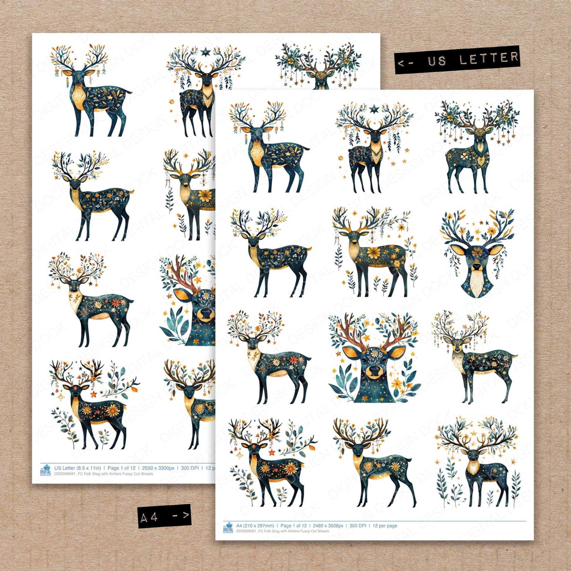 A4 and US Letter format comparison showing Folk Stag with Antlers fussy cut pages for print and cut crafting