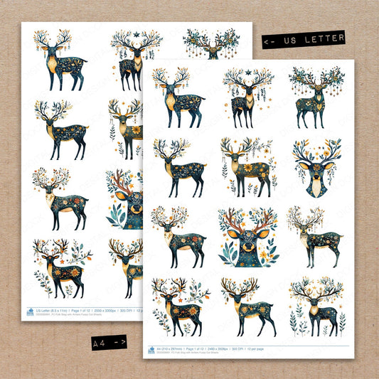 A4 and US Letter format comparison showing Folk Stag with Antlers fussy cut pages for print and cut crafting