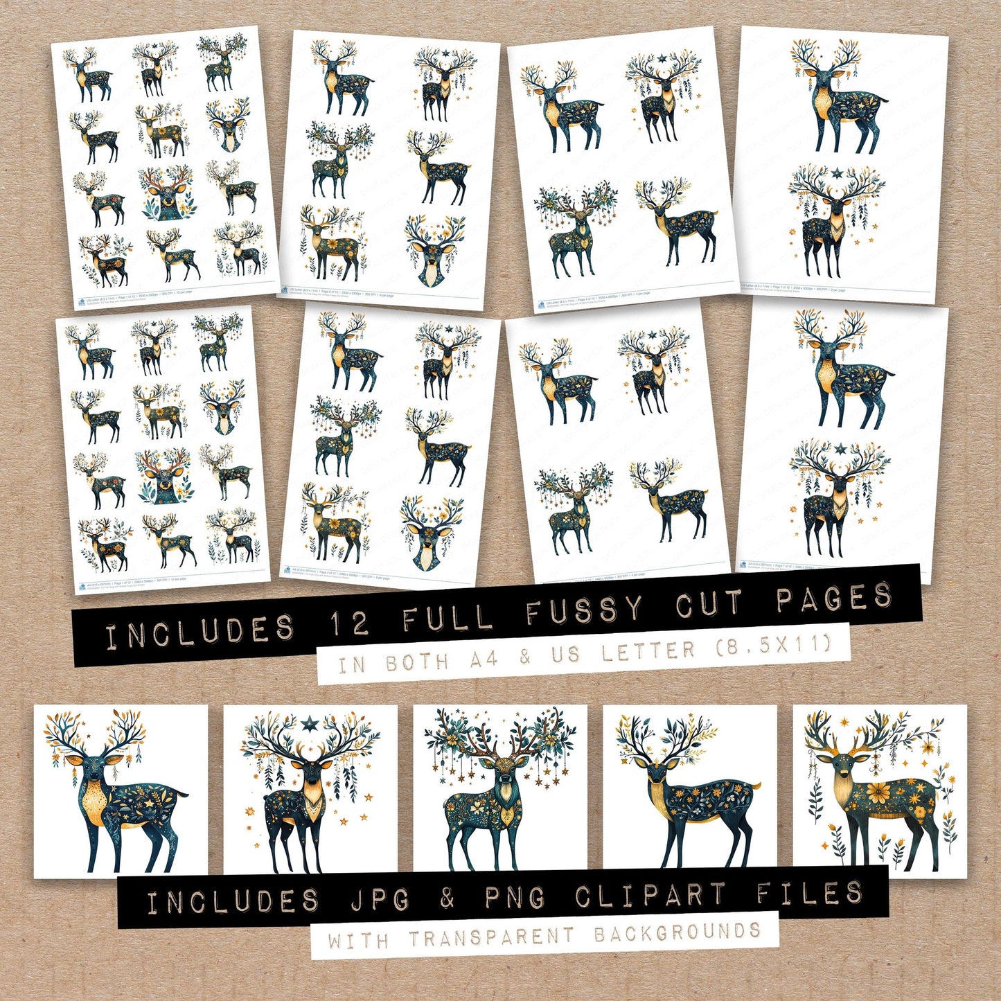Full collection view of Folk Stag with Antlers fussy cut sheets with bonus clipart JPG and PNG files