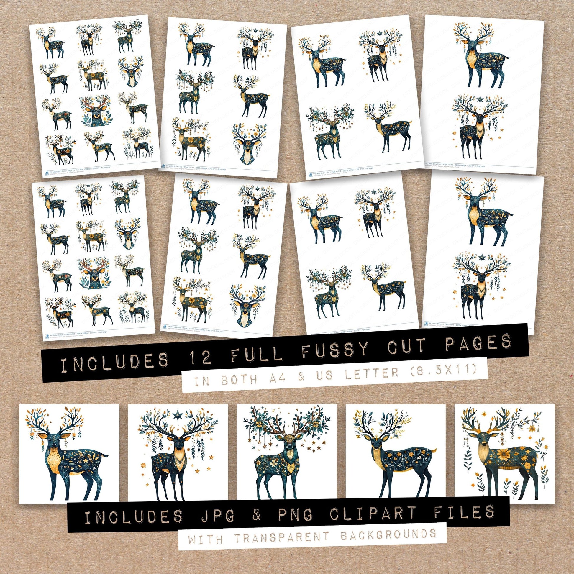 Full collection view of Folk Stag with Antlers fussy cut sheets with bonus clipart JPG and PNG files