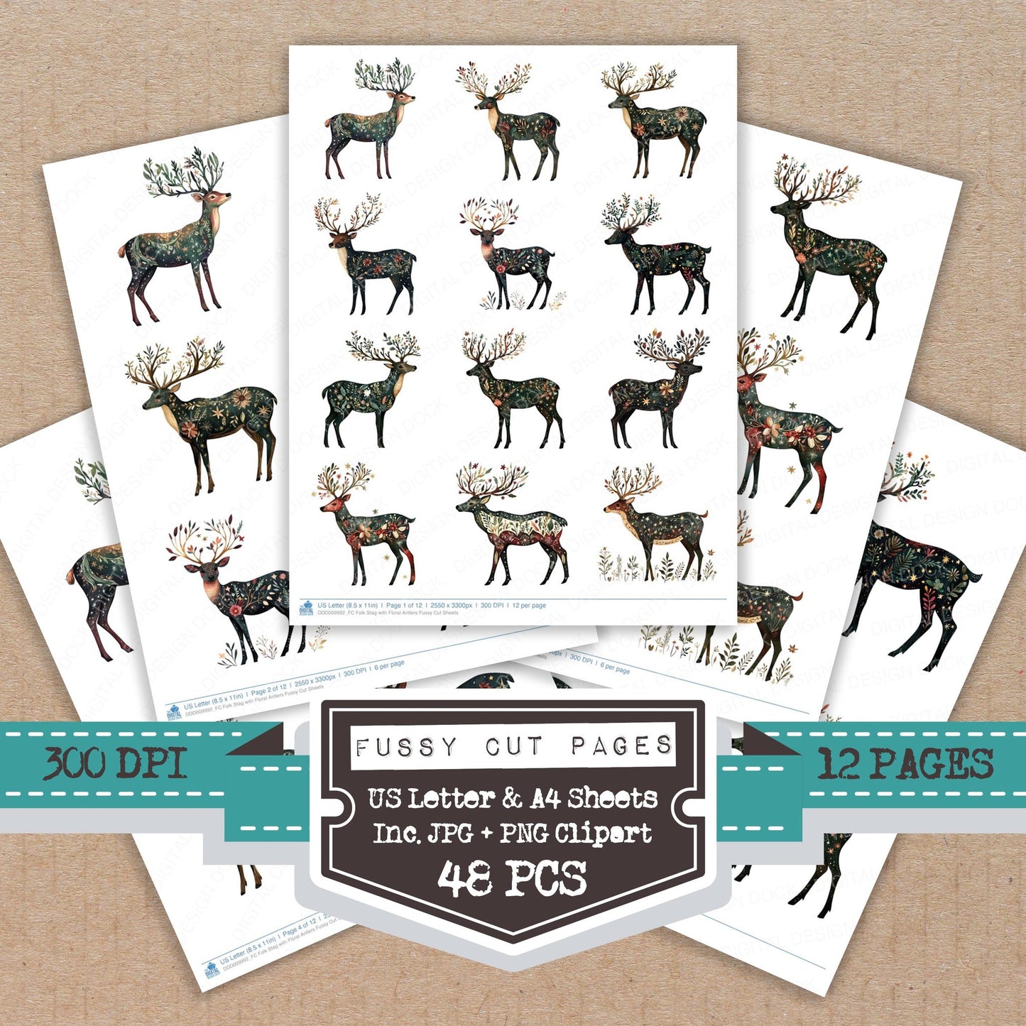 Folk Stag with Floral Antlers fussy cut printable sheets for junk journaling, scrapbooking, and paper craft projects