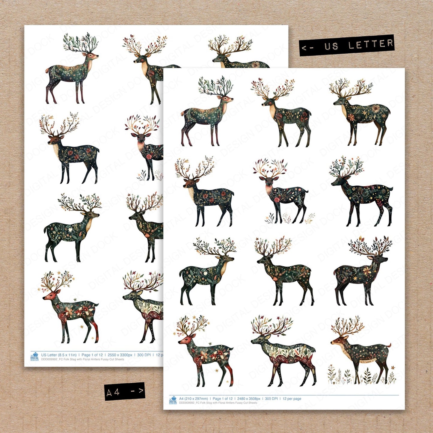 A4 and US Letter format comparison showing Folk Stag with Floral Antlers fussy cut pages for print and cut crafting