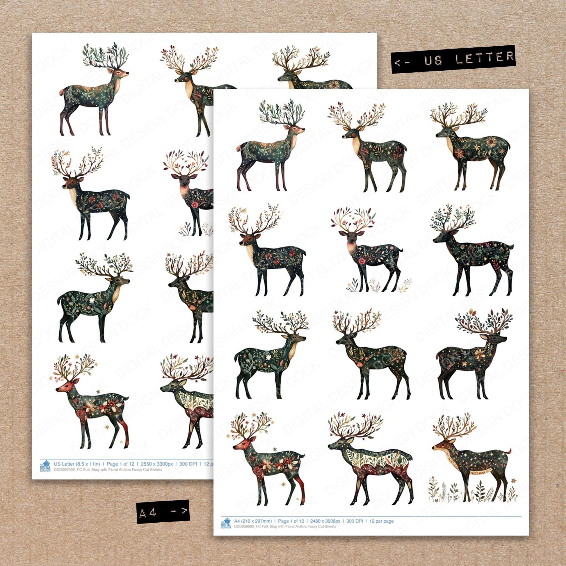 A4 and US Letter format comparison showing Folk Stag with Floral Antlers fussy cut pages for print and cut crafting