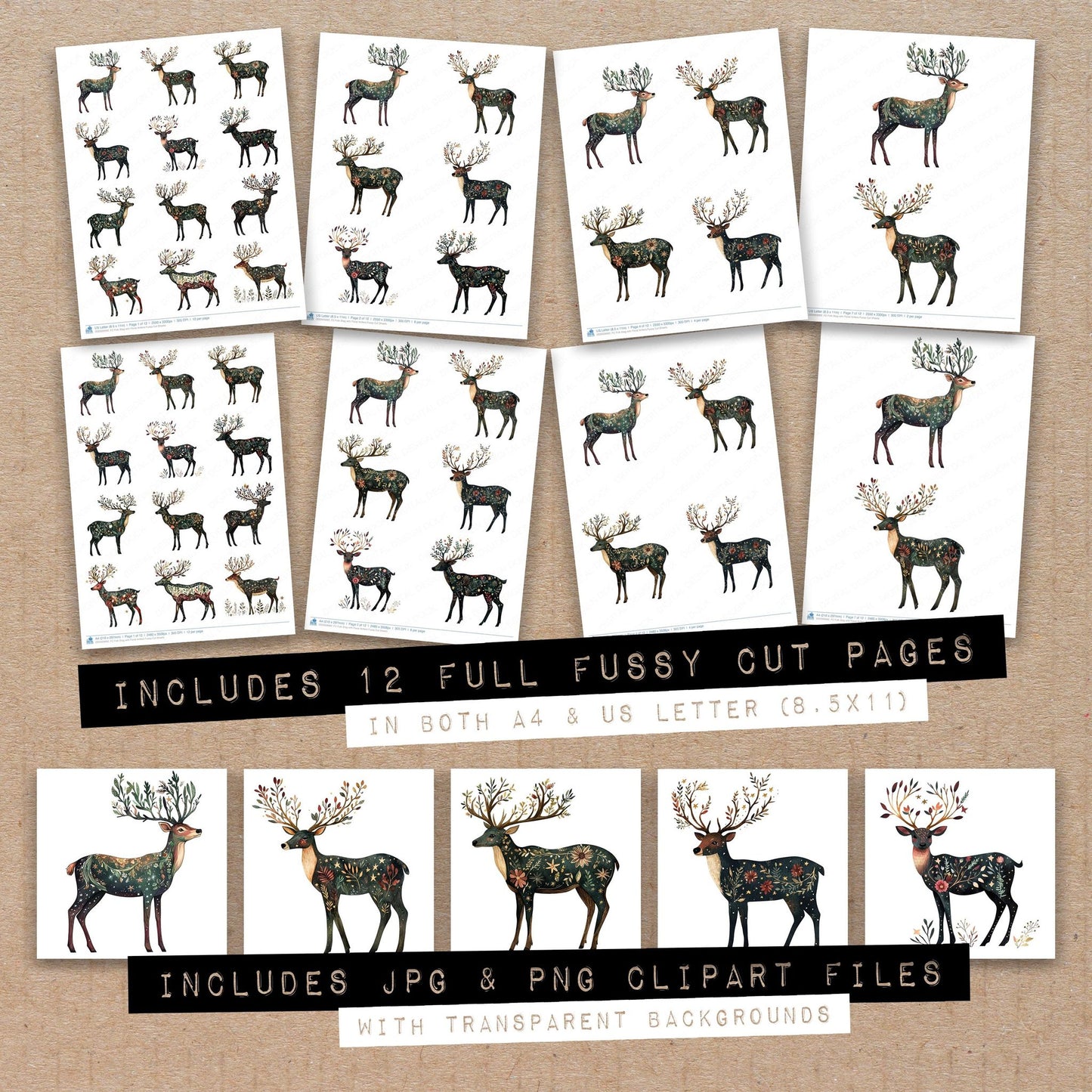 Full collection view of Folk Stag with Floral Antlers fussy cut sheets with bonus clipart JPG and PNG files