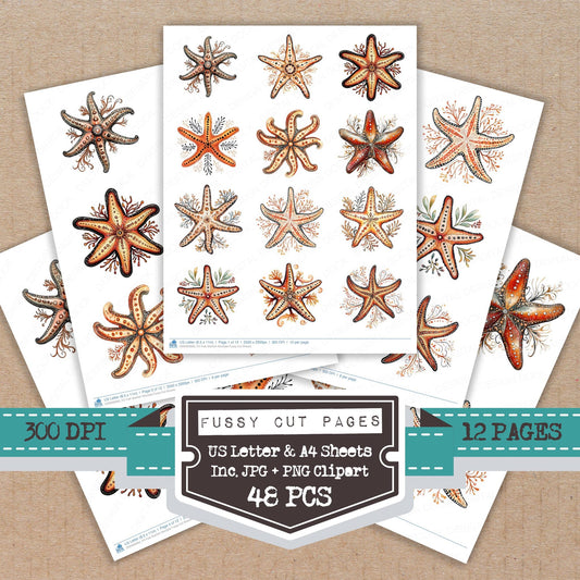 Folk Starfish Mandala fussy cut printable sheets for junk journaling, scrapbooking, and paper craft projects