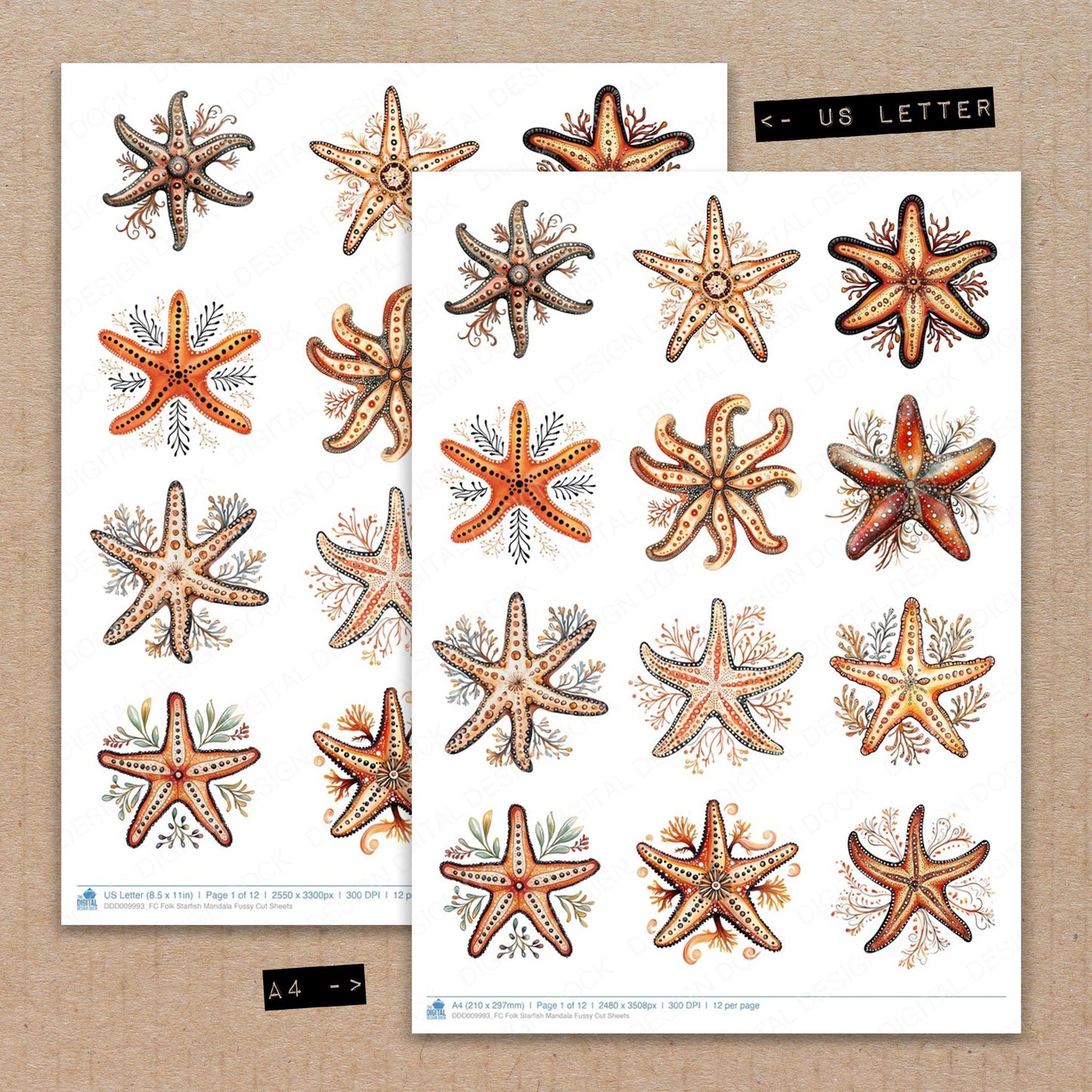 A4 and US Letter format comparison showing Folk Starfish Mandala fussy cut pages for print and cut crafting