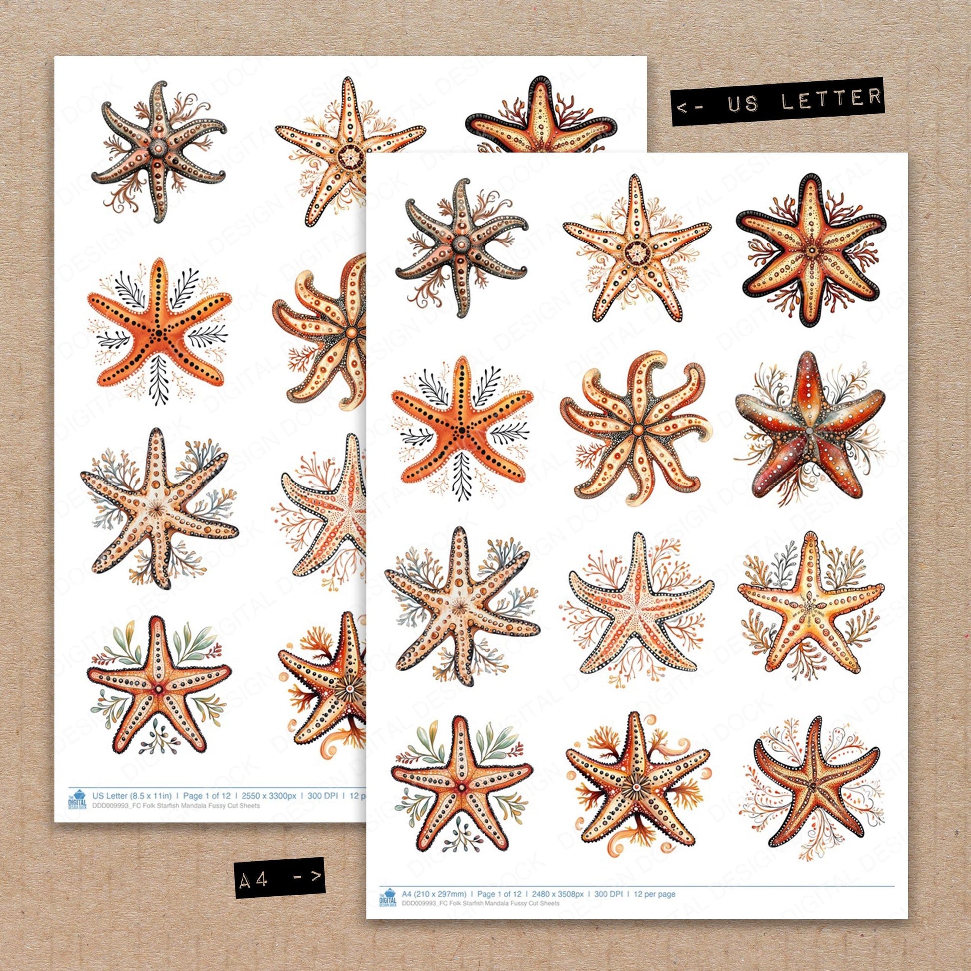 A4 and US Letter format comparison showing Folk Starfish Mandala fussy cut pages for print and cut crafting