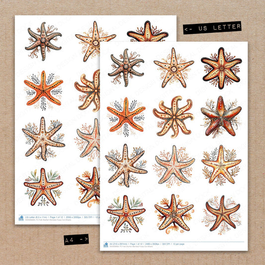 A4 and US Letter format comparison showing Folk Starfish Mandala fussy cut pages for print and cut crafting