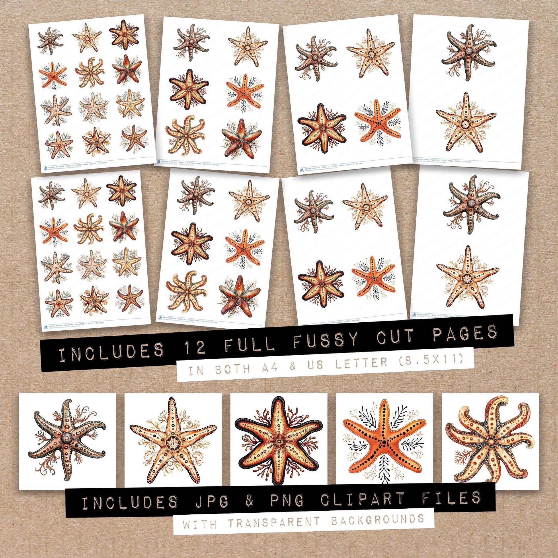 Full collection view of Folk Starfish Mandala fussy cut sheets with bonus clipart JPG and PNG files
