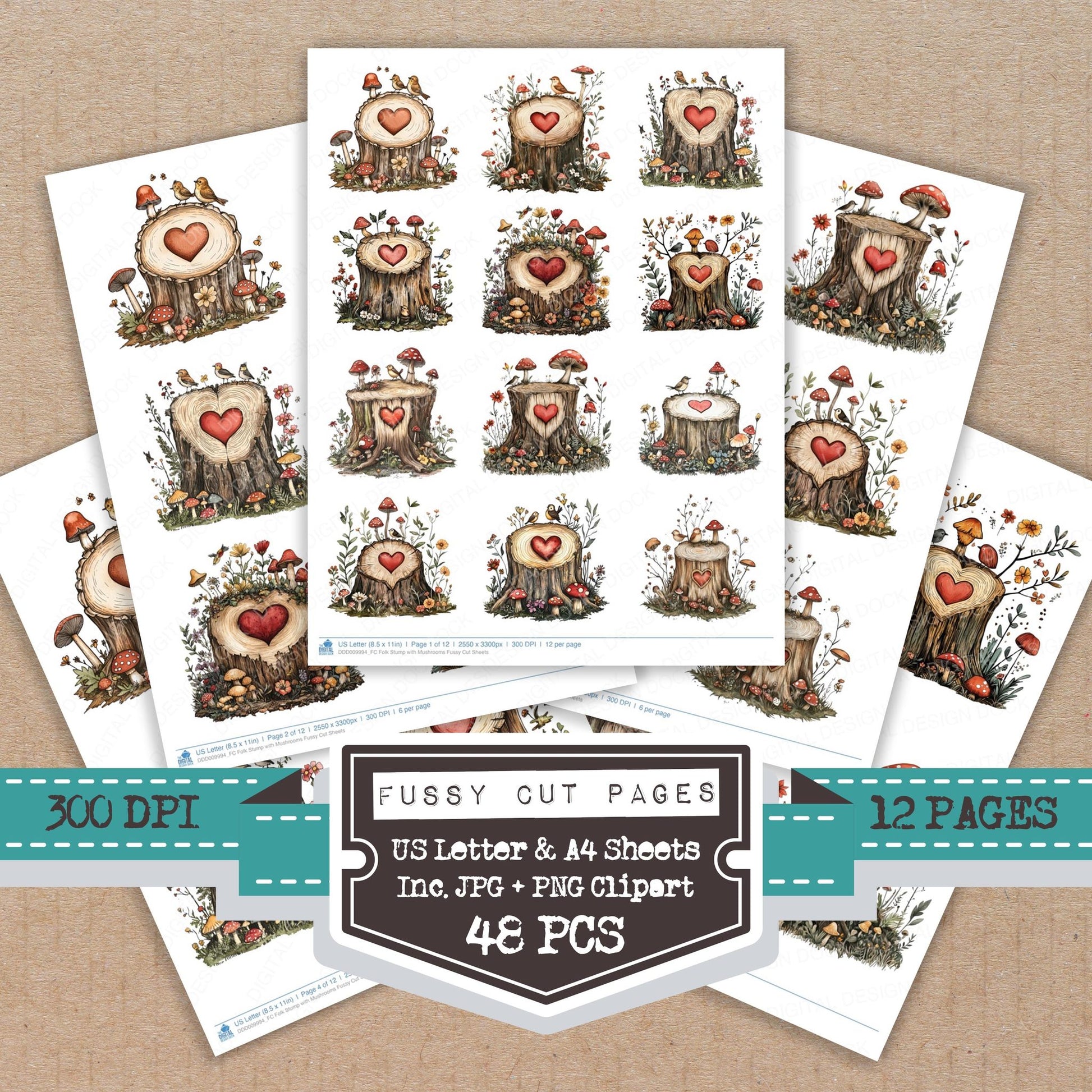 Folk Stump with Mushrooms fussy cut printable sheets for junk journaling, scrapbooking, and paper craft projects