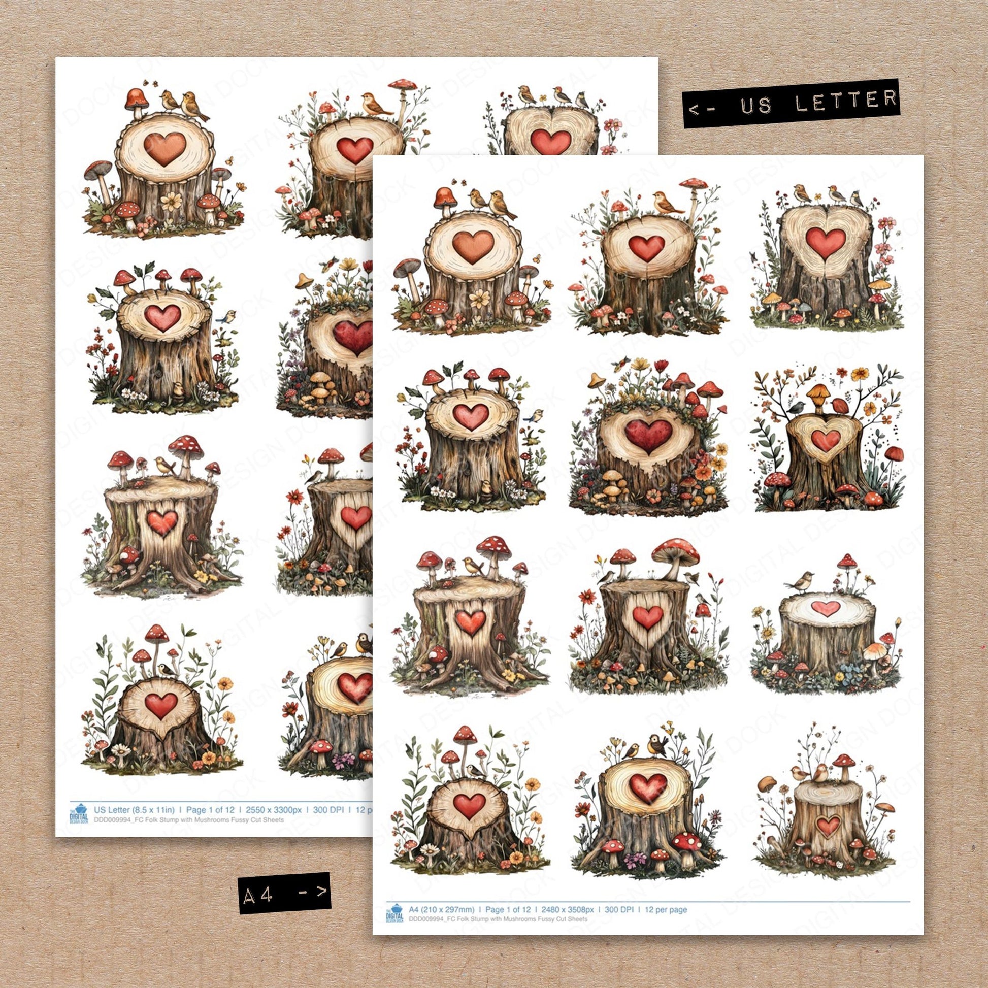 A4 and US Letter format comparison showing Folk Stump with Mushrooms fussy cut pages for print and cut crafting