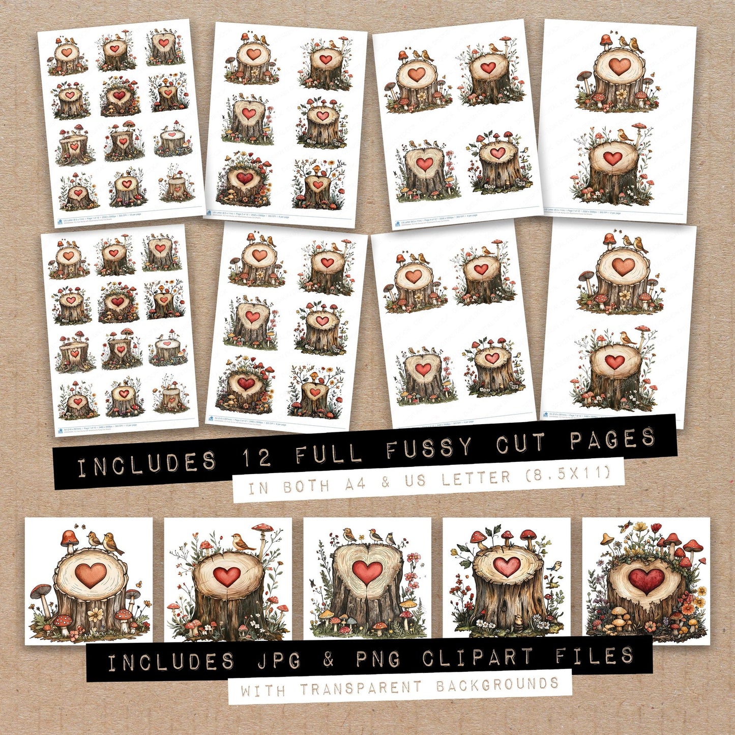 Full collection view of Folk Stump with Mushrooms fussy cut sheets with bonus clipart JPG and PNG files