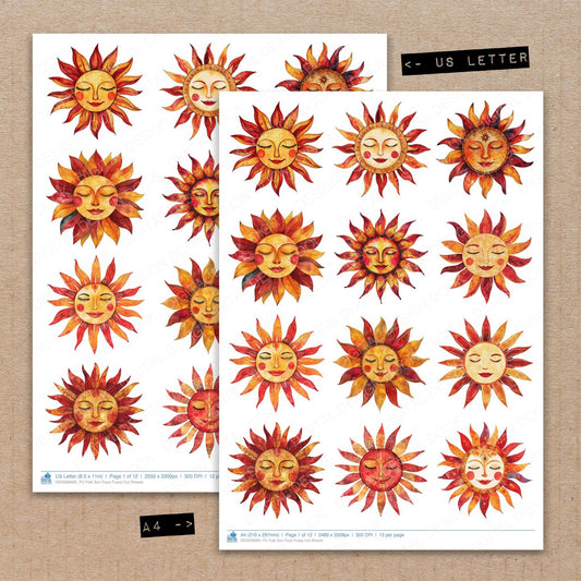 A4 and US Letter format comparison showing Folk Sun Face fussy cut pages for print and cut crafting