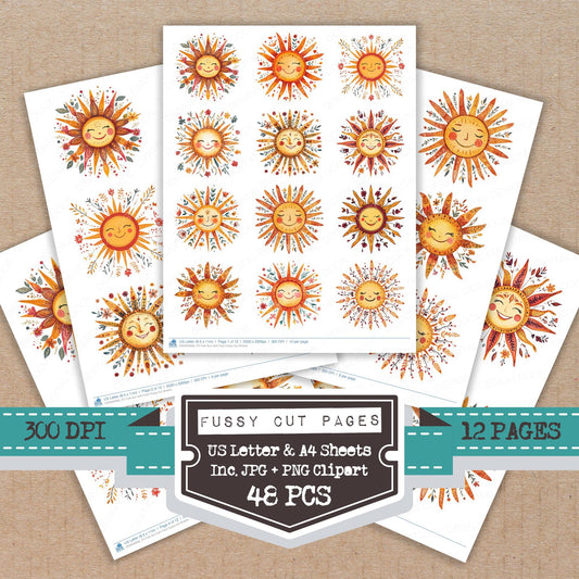 Folk Sun with Face fussy cut printable sheets for junk journaling, scrapbooking, and paper craft projects