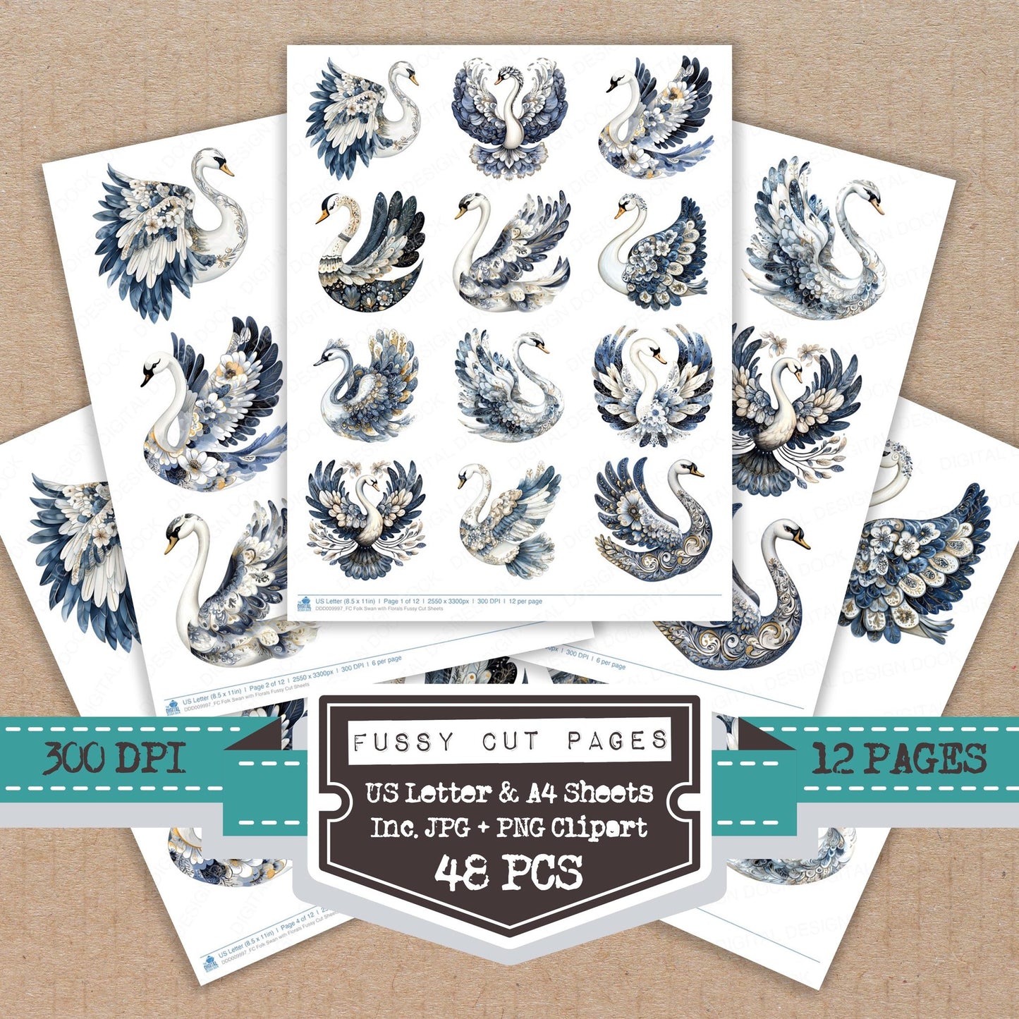 Folk Swan with Florals fussy cut printable sheets for junk journaling, scrapbooking, and paper craft projects