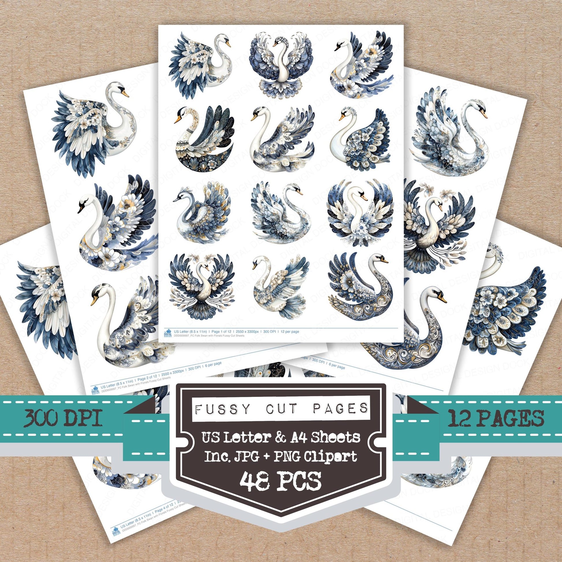 Folk Swan with Florals fussy cut printable sheets for junk journaling, scrapbooking, and paper craft projects
