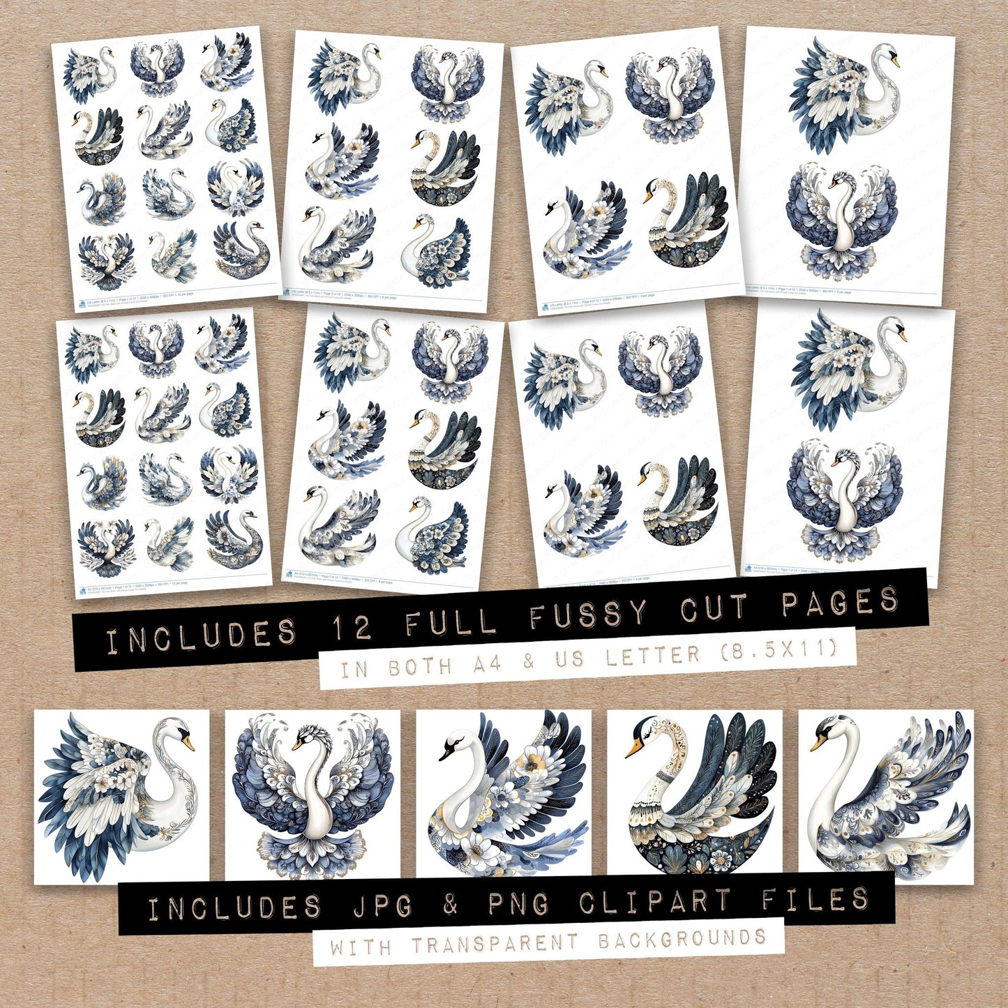 Full collection view of Folk Swan with Florals fussy cut sheets with bonus clipart JPG and PNG files
