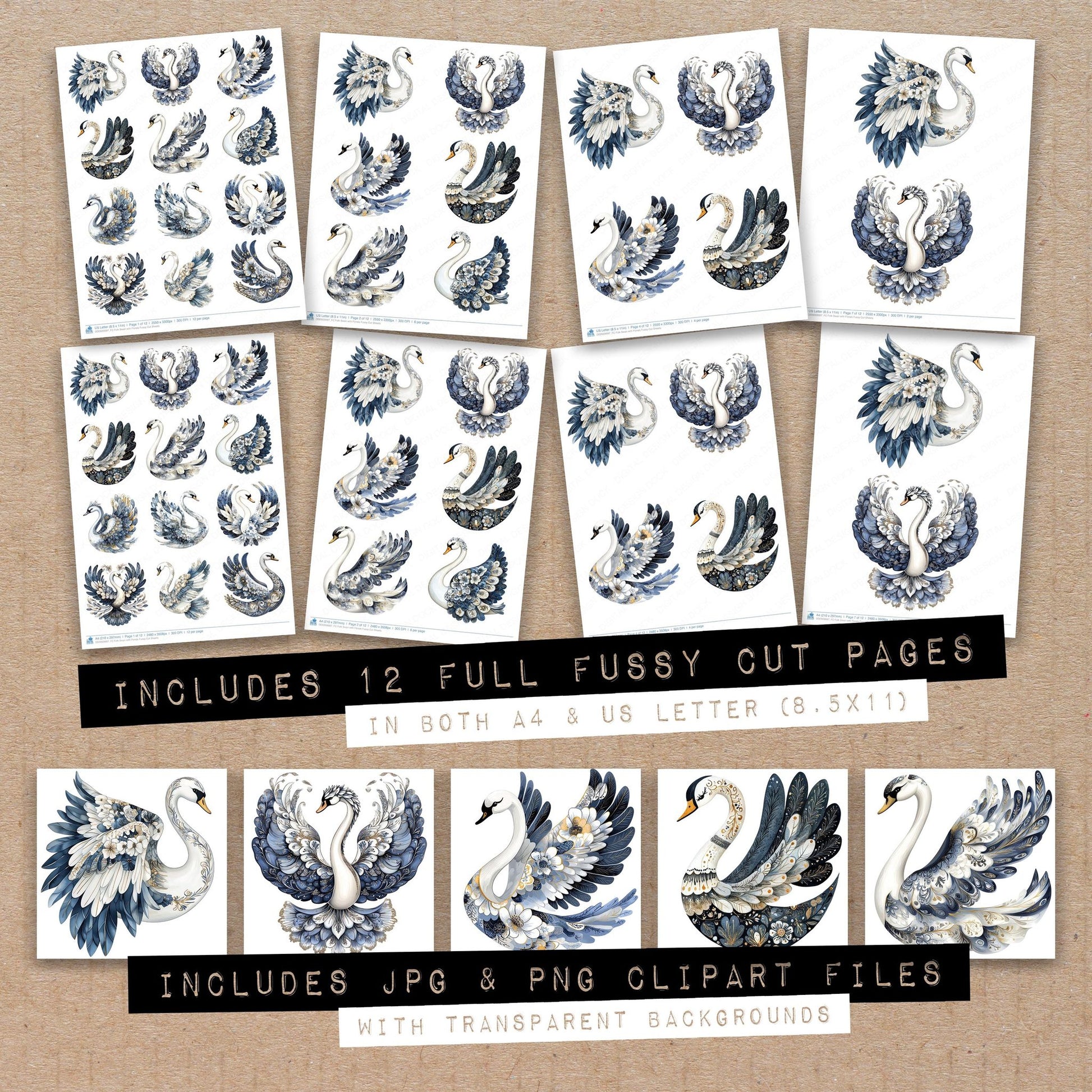 Full collection view of Folk Swan with Florals fussy cut sheets with bonus clipart JPG and PNG files