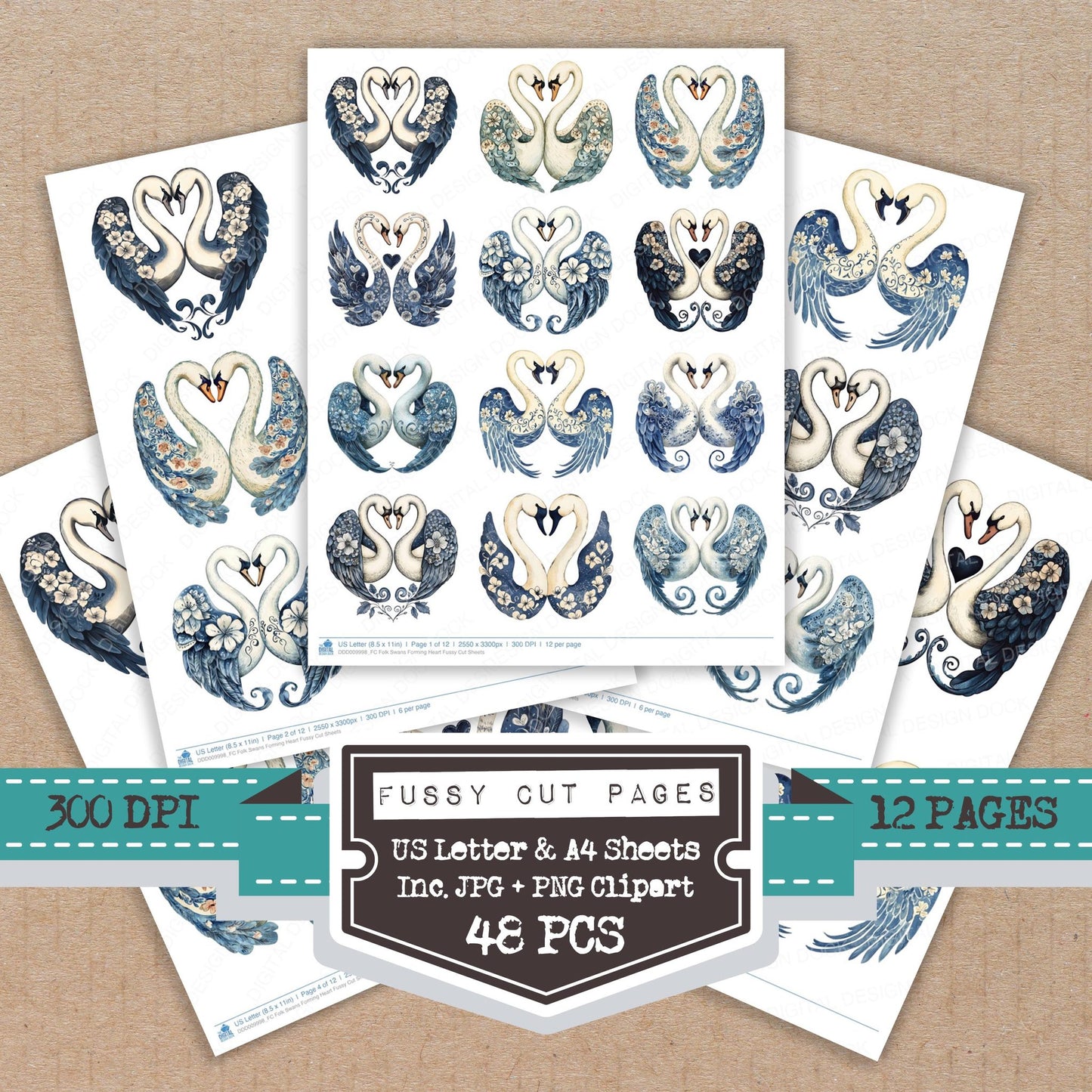 Folk Swans Forming Heart fussy cut printable sheets for junk journaling, scrapbooking, and paper craft projects