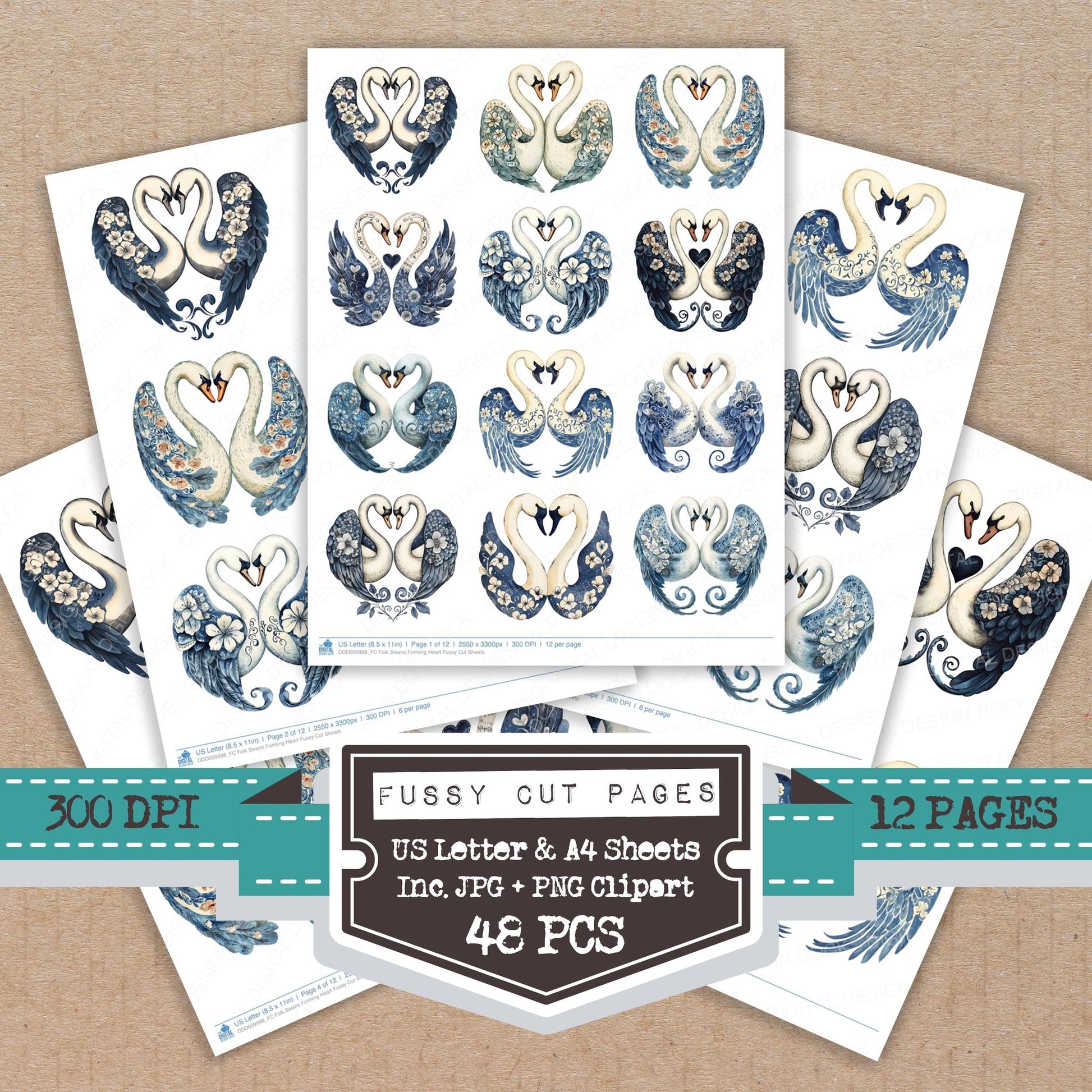 Folk Swans Forming Heart fussy cut printable sheets for junk journaling, scrapbooking, and paper craft projects