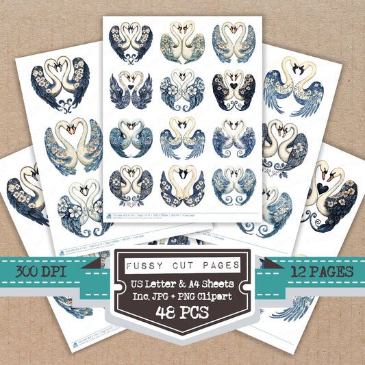 Folk Swans Forming Heart fussy cut printable sheets for junk journaling, scrapbooking, and paper craft projects
