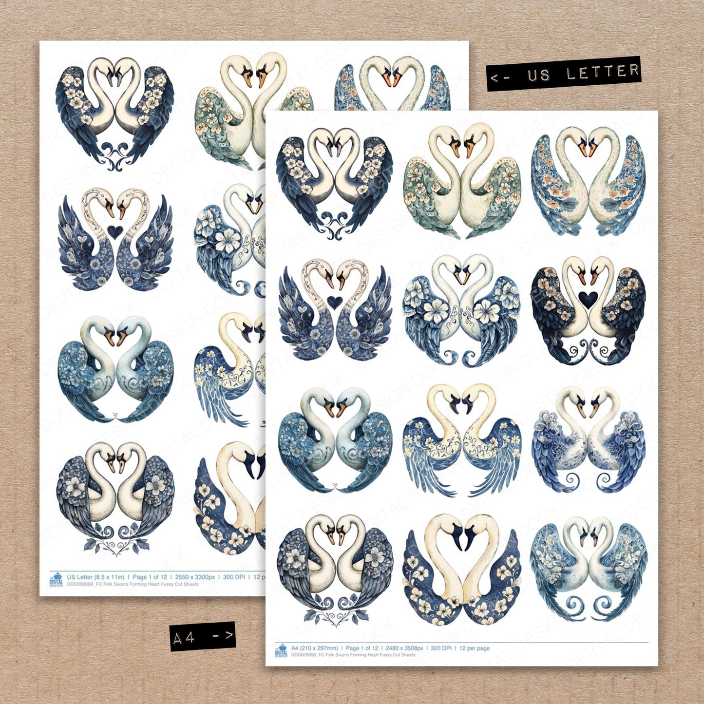 A4 and US Letter format comparison showing Folk Swans Forming Heart fussy cut pages for print and cut crafting