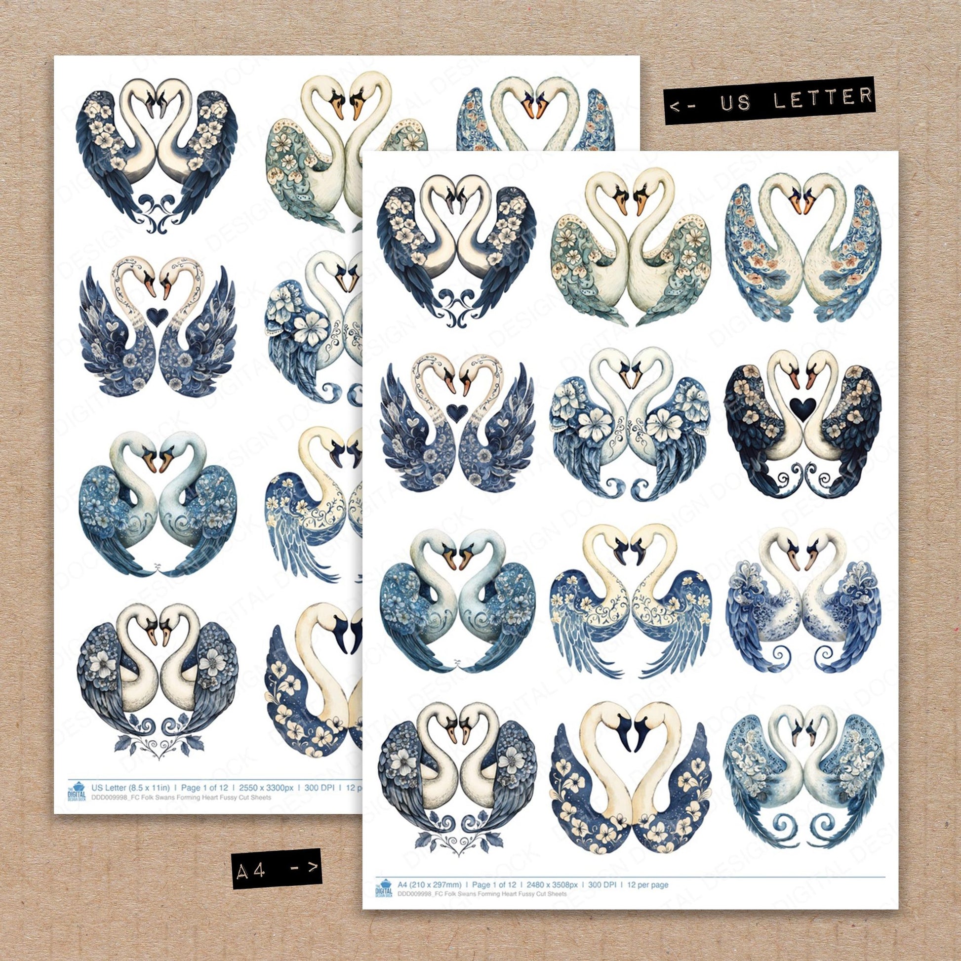 A4 and US Letter format comparison showing Folk Swans Forming Heart fussy cut pages for print and cut crafting