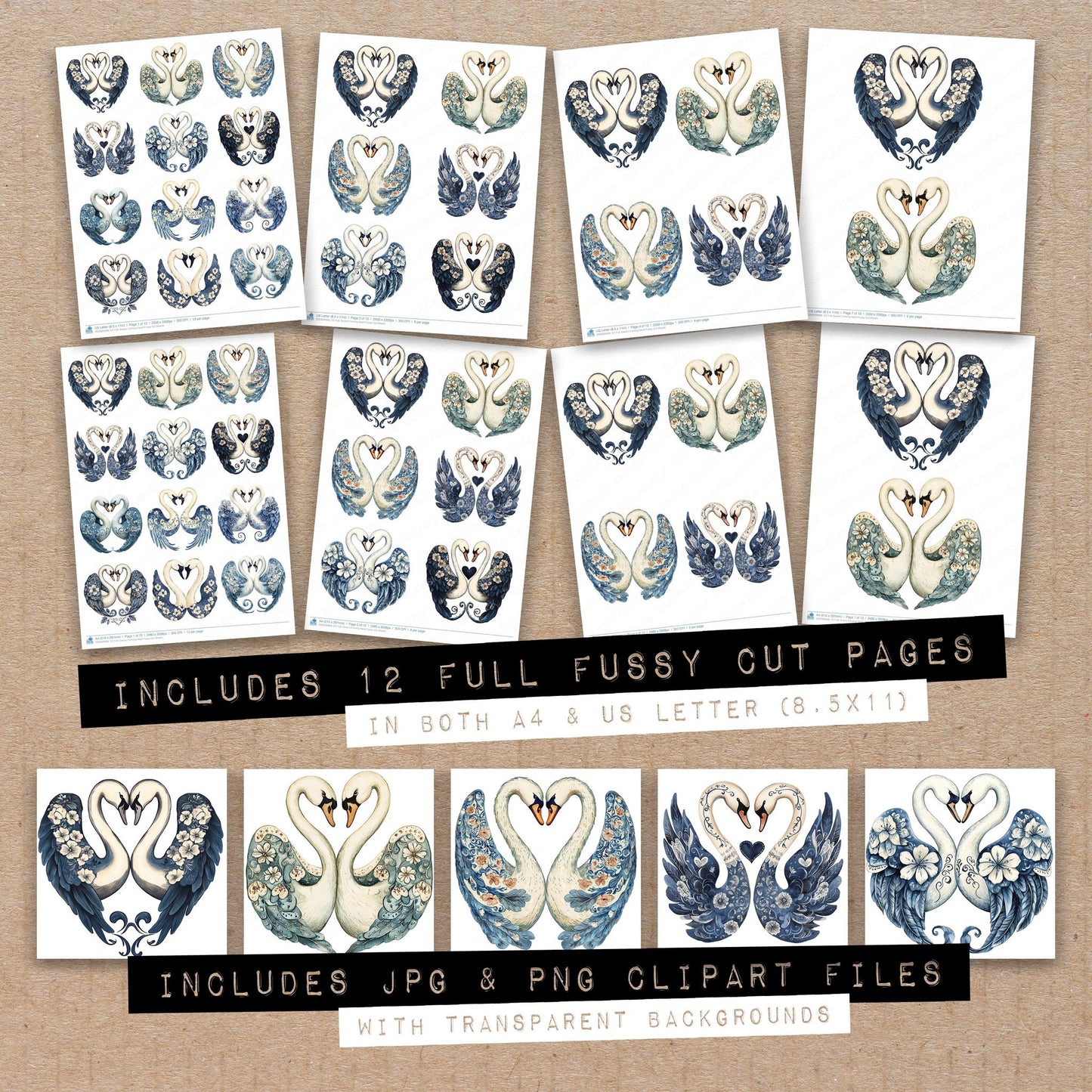 Full collection view of Folk Swans Forming Heart fussy cut sheets with bonus clipart JPG and PNG files