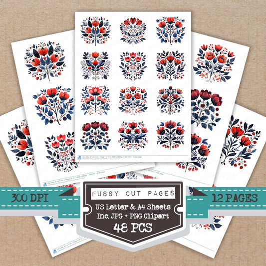 Folk Symmetrical Floral Bunch fussy cut printable sheets for junk journaling, scrapbooking, and paper craft projects
