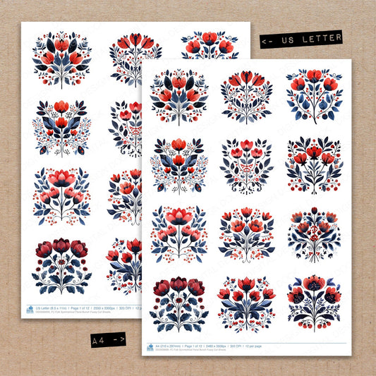 A4 and US Letter format comparison showing Folk Symmetrical Floral Bunch fussy cut pages for print and cut crafting